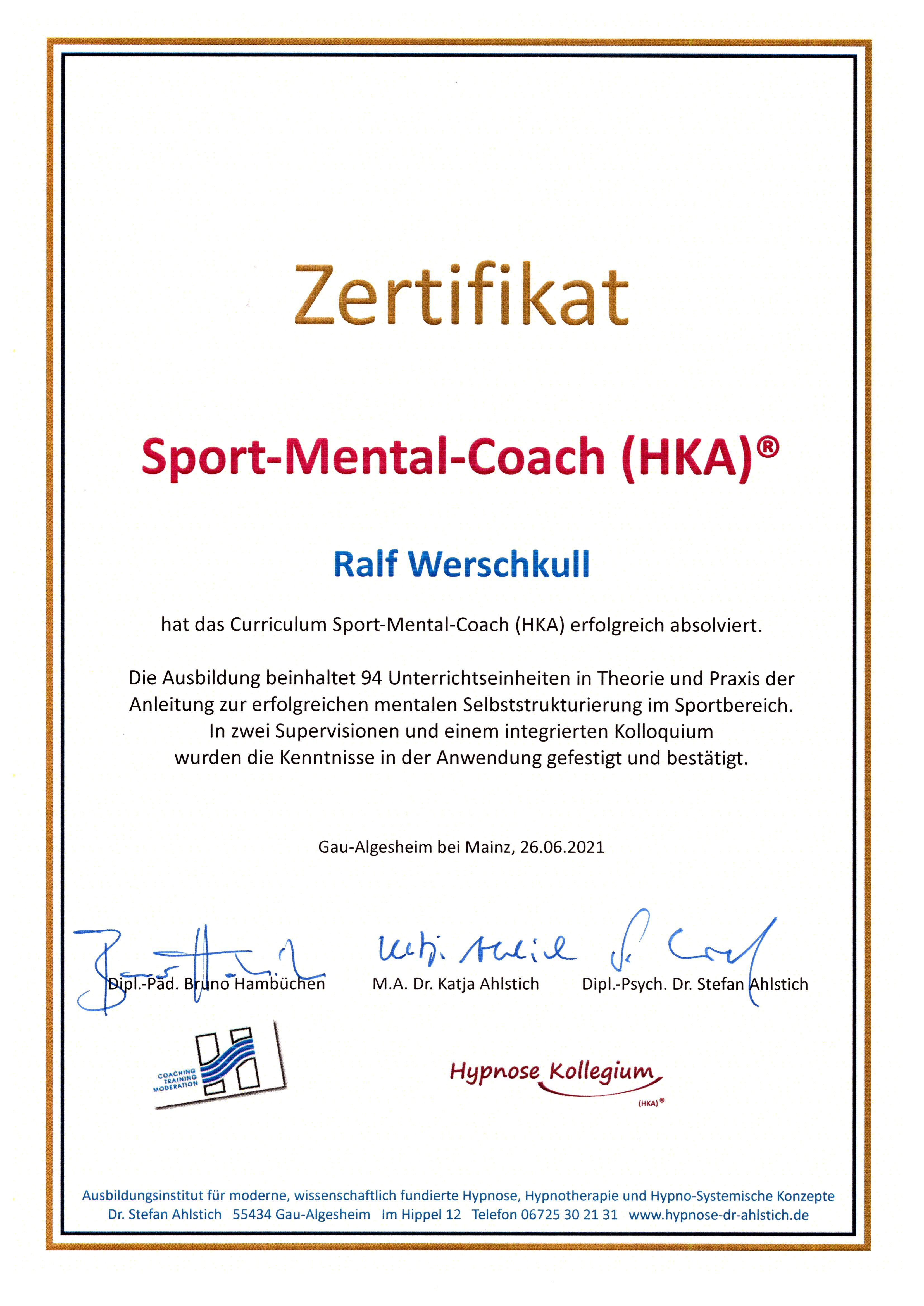 Sport-Mental-Coach zertifiziert