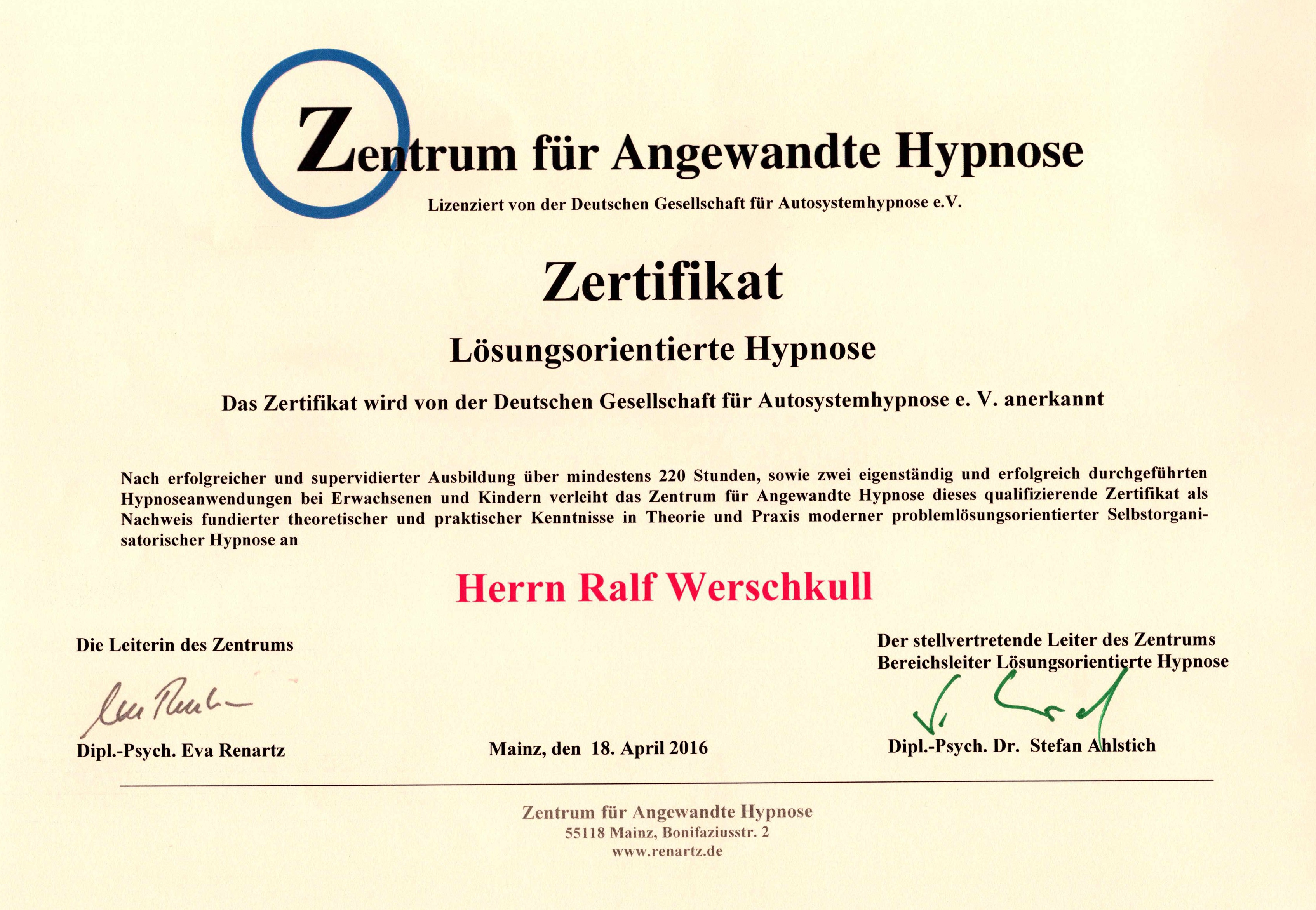Lösungsorientierte Hypnose zertifiziert